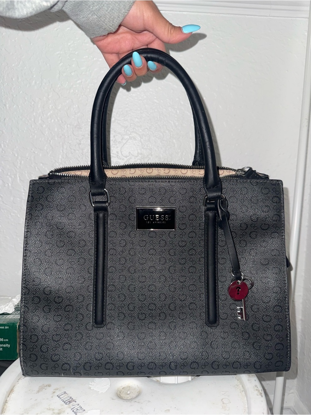 Guess Black Logo Pattern Satchel with Key Charm